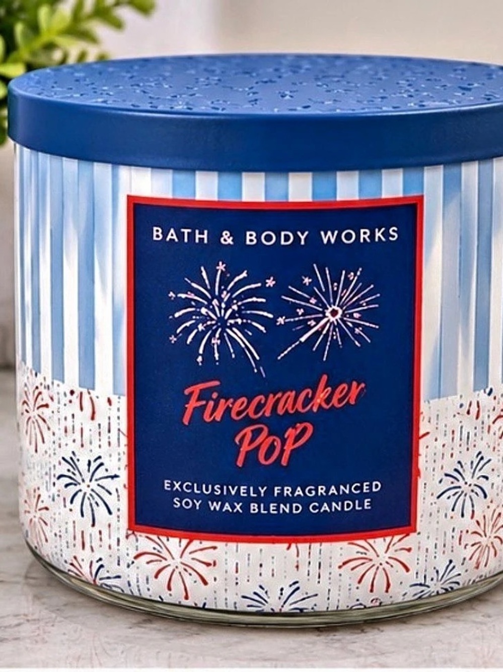 Bath & Body Works Firecracker Pop 3-Wick Candle Blue & White